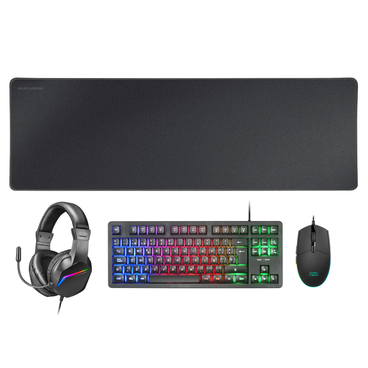Keyboard and Mouse Mars Gaming MCPRGB3ES Black Multicolour Spanish Qwerty (4 Units)